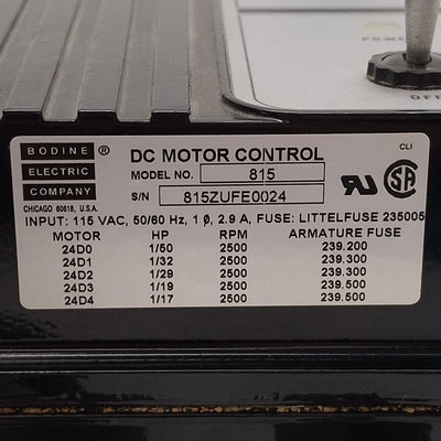 Used Bodine Electric 815 DC Motor Control, 1/17HP, 115VAC Input, 0-130VDC Output