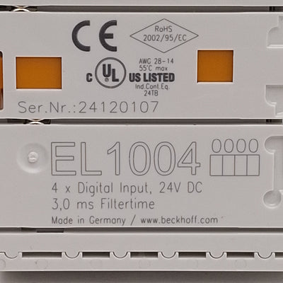Used Beckhoff EL1004 EtherCAT Terminal, 4-Channel Digital Input, 3ms Filter, 24VDC