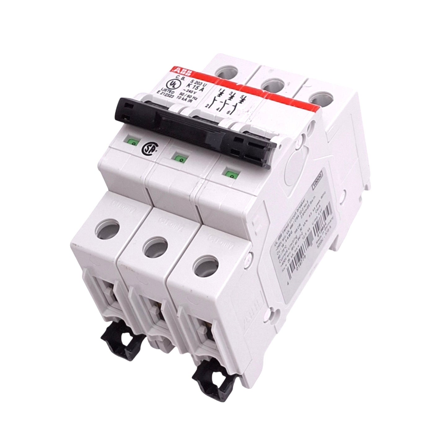 New ABB S203U-K15A Circuit Breaker, 3-Pole 15A, 240VAC Max, DIN Rail Mount