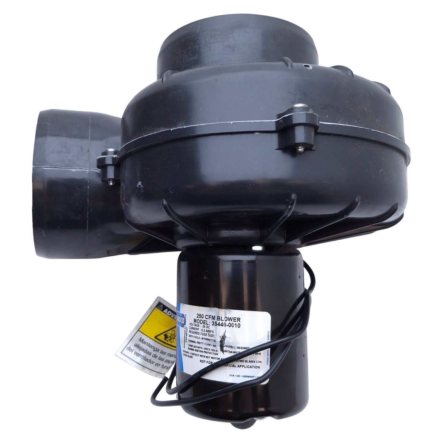 Used Jabsco 35440-0010 OEM Blower 24VDC, 5.3A Current, 250CFM Air Flow, ø4" Wheel