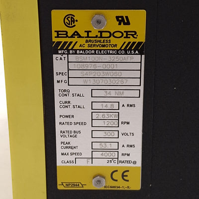 Used Baldor BSM100N-3250AFP Servo Motor, 2.63kW, 300VDC Bus, ø28mm Shaft, 1200rpm