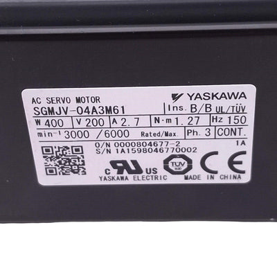 Used Yaskawa SGMJV-04A3M61 AC Servo Motor, 400W, 200VAC 3-Phase, 3000/6000rpm Max