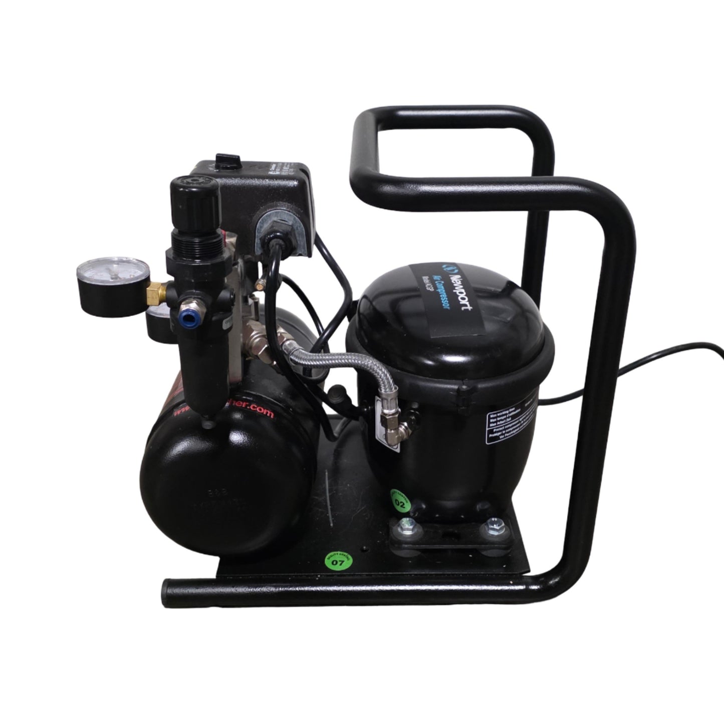 Used Newport ACGP Low Noise Oil Lubricated Air Compressor 3.5 Liter, 120psi, 110VAC