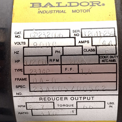 Used Baldor GP232006 DC Gearmotor, 310:1, 1/27HP 90VDC, 8.7rpm, 66lb-in, ø1/2in Shaft