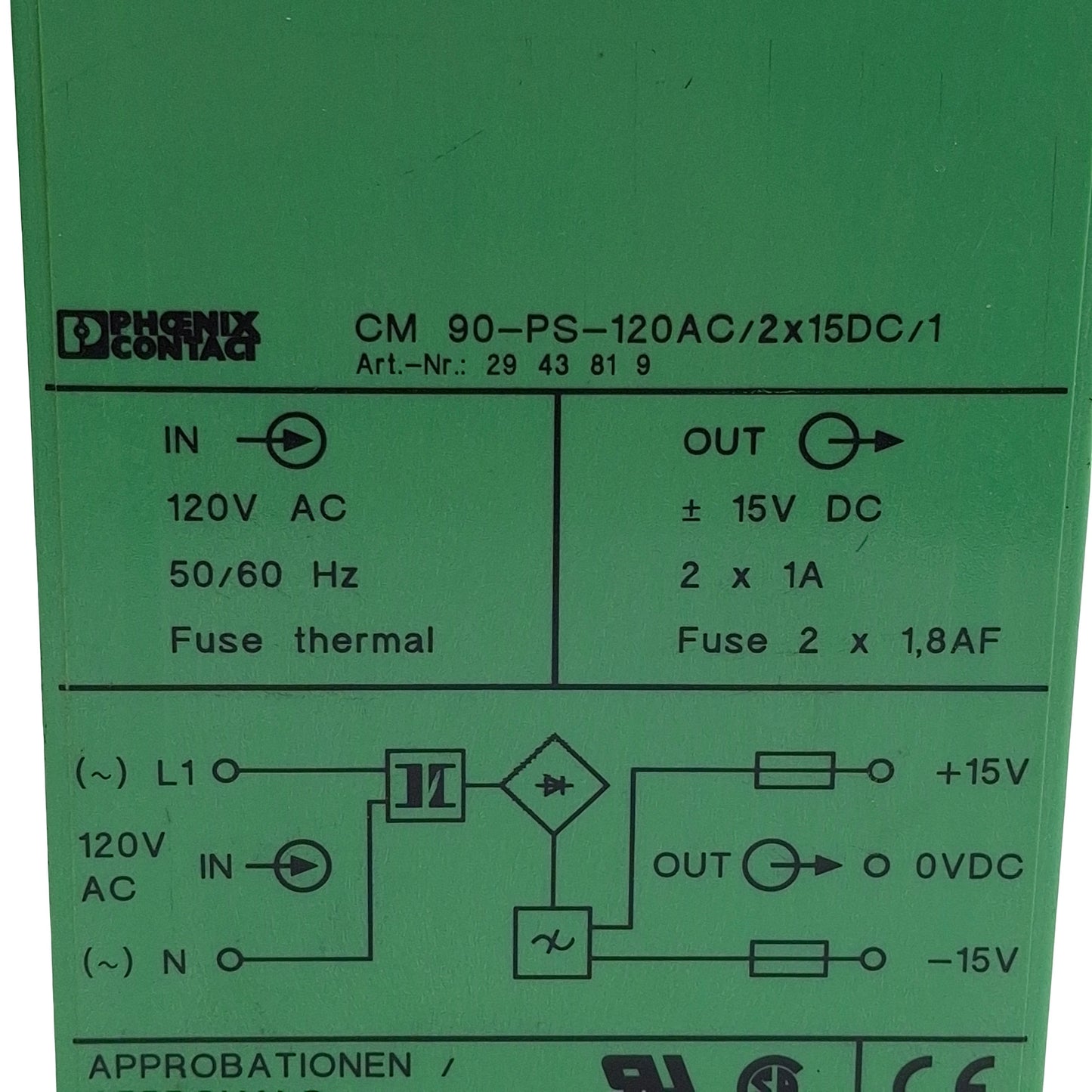 Used Phoenix Contact CM 90-PS-120AC/2x15DC/1 Power Supply, 120VAC In, 1A 15VDC Out
