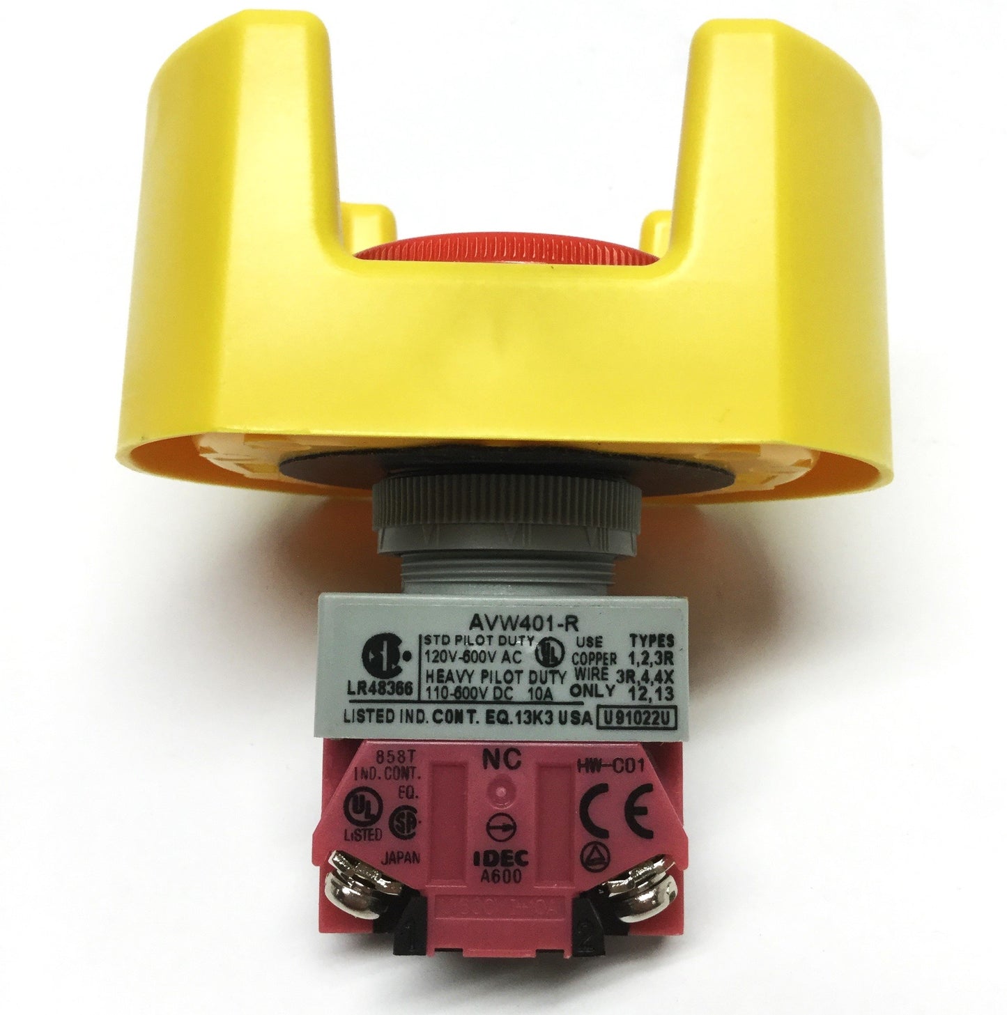 Used Idec AVW401-R Emergency E-Stop Pushbutton Switch, 1NC, 10A 600VAC w/Shroud Guard