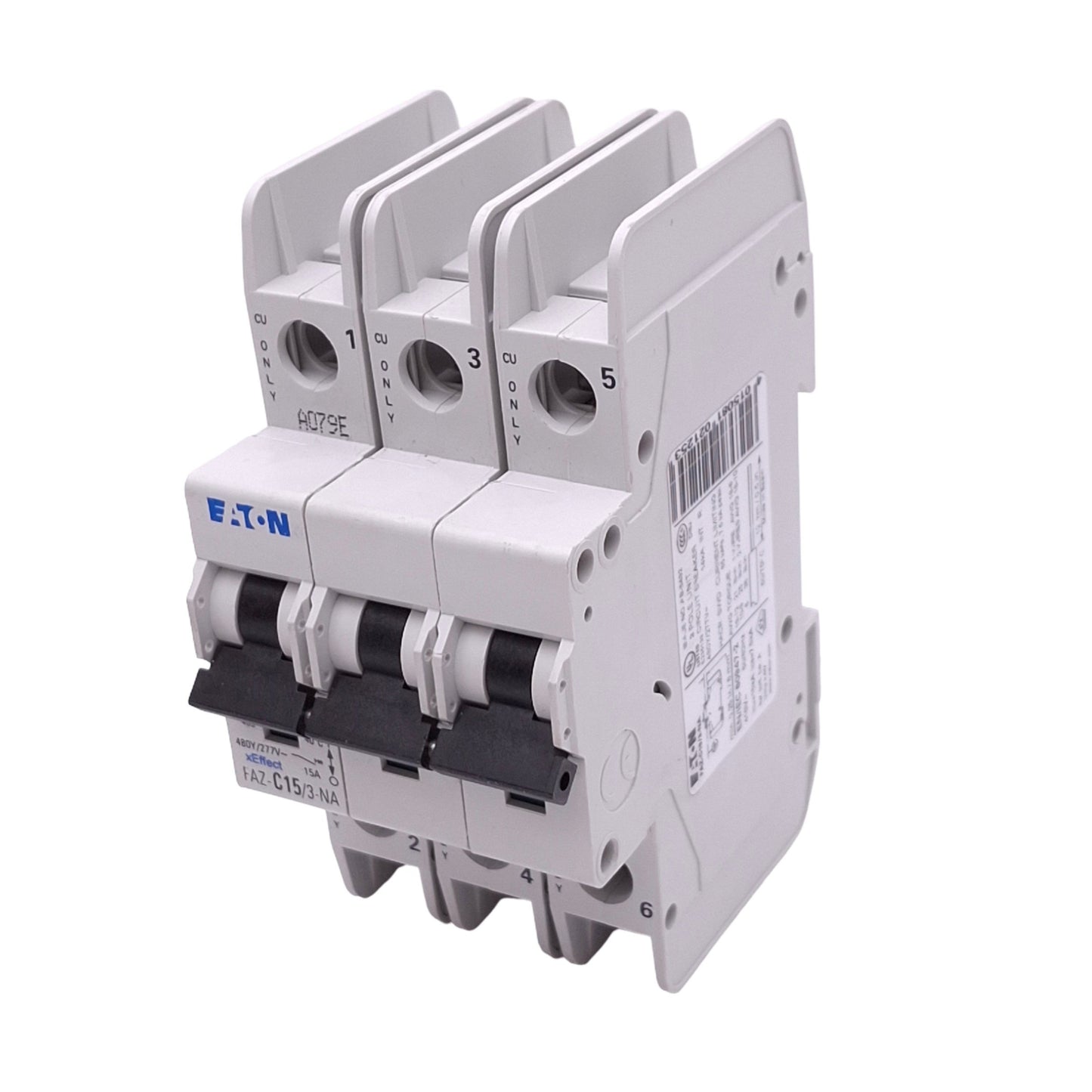 Used Eaton FAZ-C15/3-NA Circuit Breaker, 3-Pole, 15A, 480Y/277VAC Max, DIN Rail