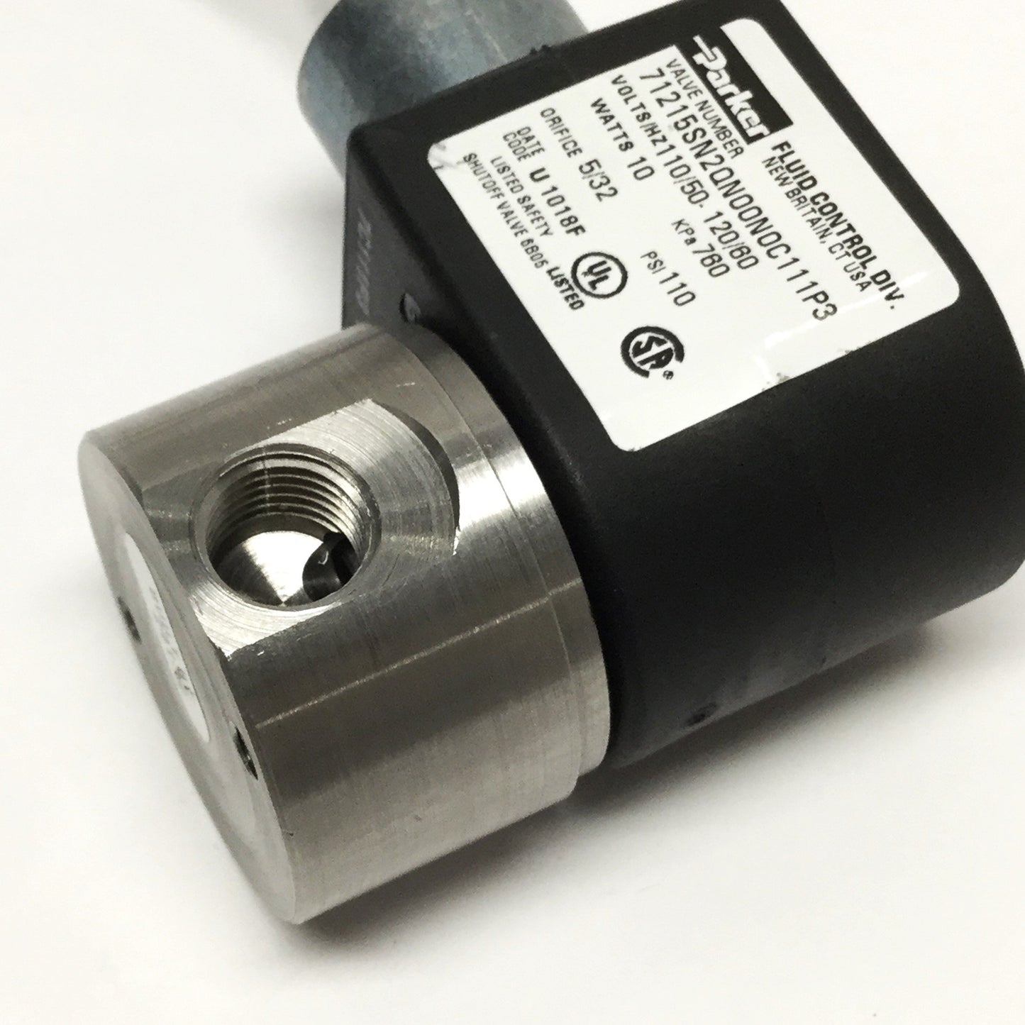 Used Parker 71215SN2QN00N0C111P3 Solenoid Valve, 2-Way NC, 1/4" NPT, 110/120VAC Coil