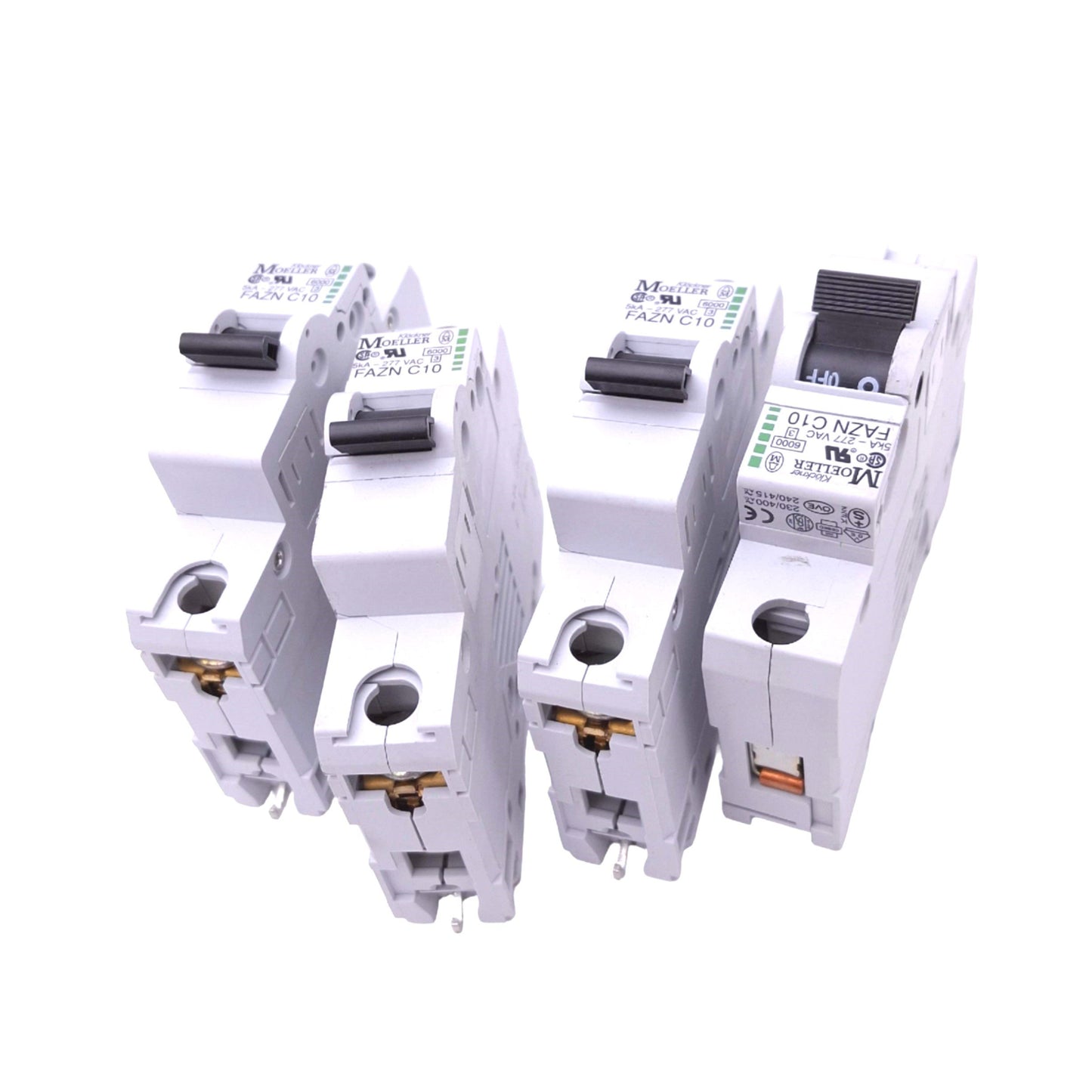 Used Lot of 4 Moeller FAZN-C10/1 Circuit Breakers, 1-Pole 10A, 277VAC, DIN Rail