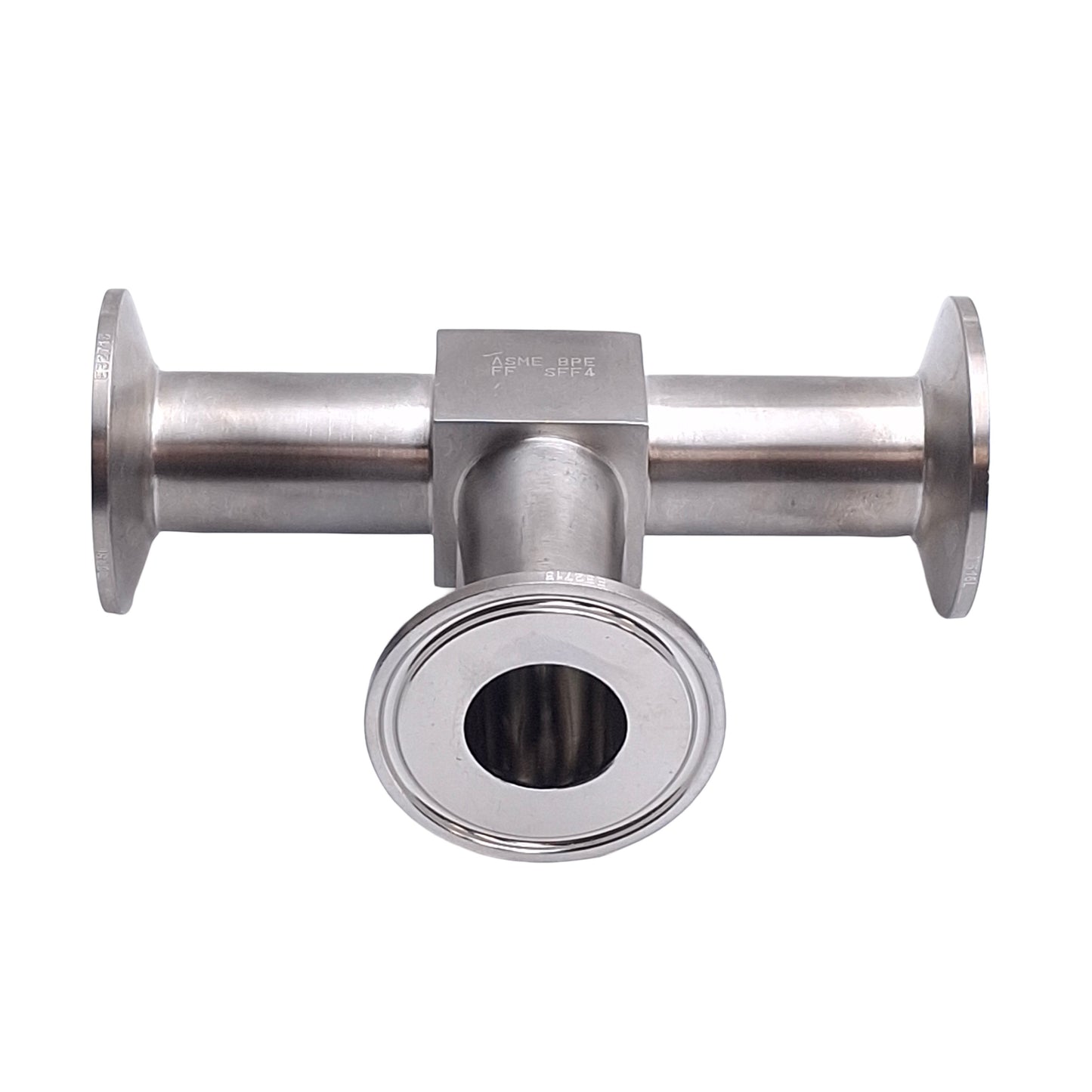 Used Sanitary Tri-Clamp Tee Fitting, SFF4 Finish, 5.25in x 3.5in, 1-1/2in Tri-Clamp