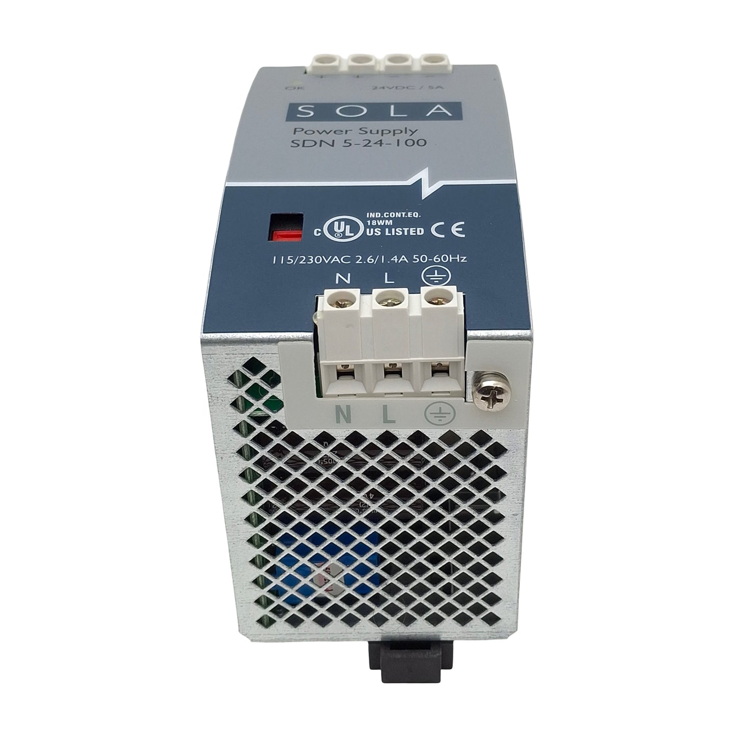 Used Sola SDN5-24-100 Power Supply, 115/230VAC In, 5A 24VDC Out, 120W, DIN Rail