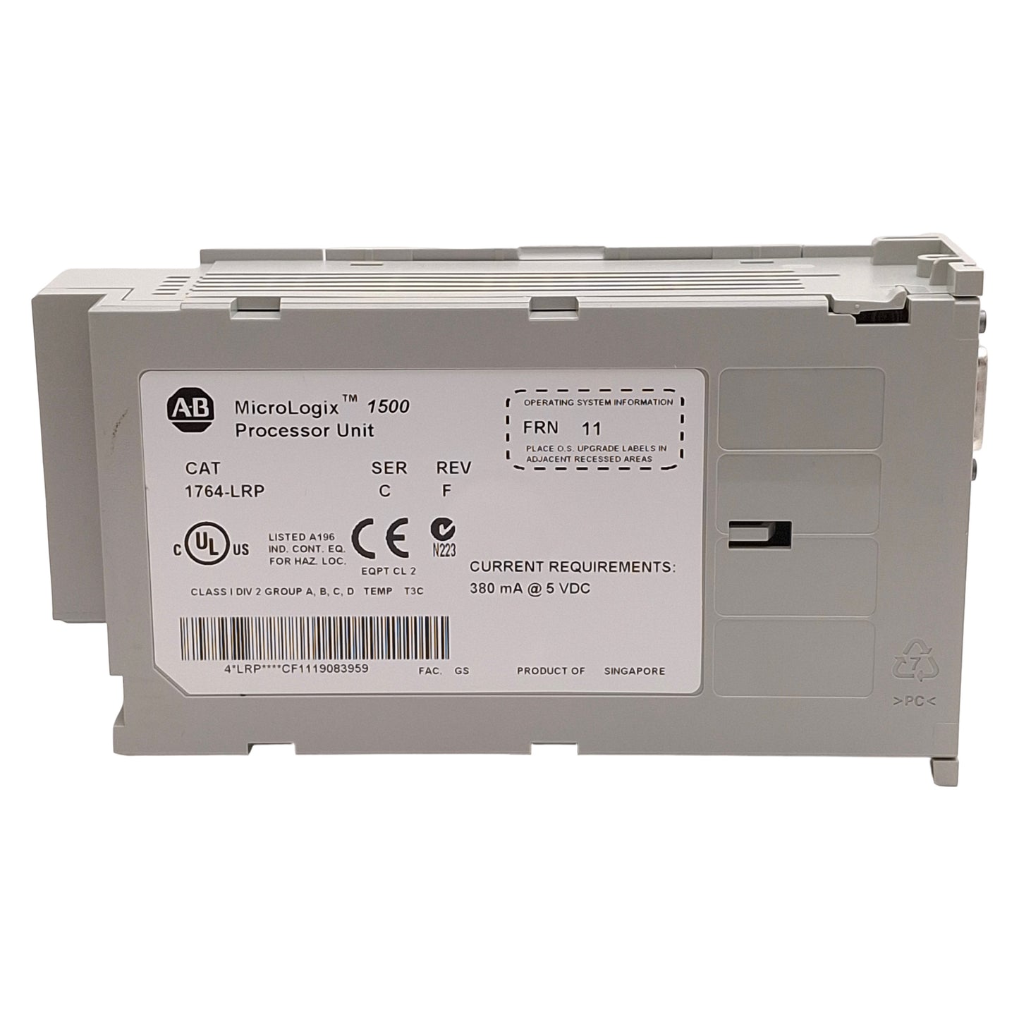 Used Allen Bradley 1764-LRP Ser C Rev F Frn 11 MicroLogix 1500 Processor Unit, 5VDC
