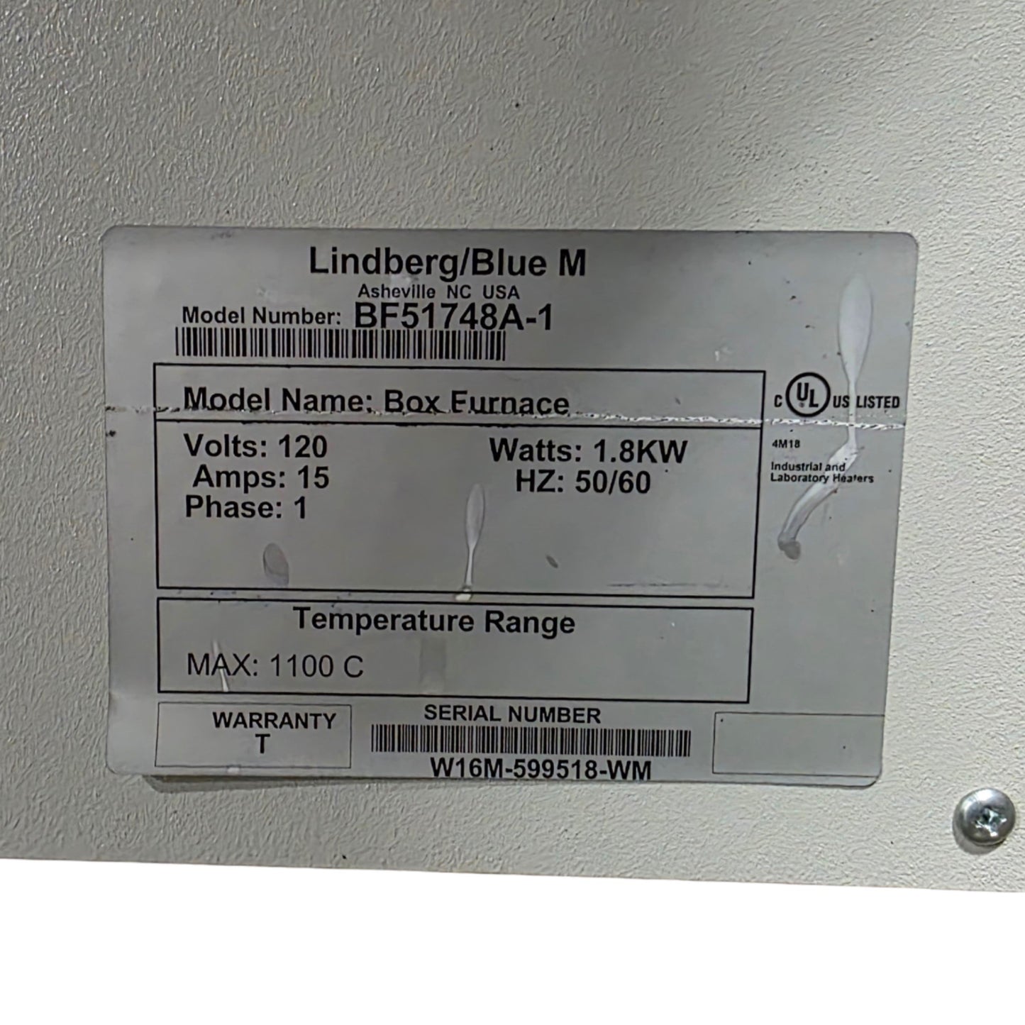 Used Lindberg Blue M BF51748A-1 Moldatherm Box Furnace 1.99L, 100°C To 1000°C, 120VAC