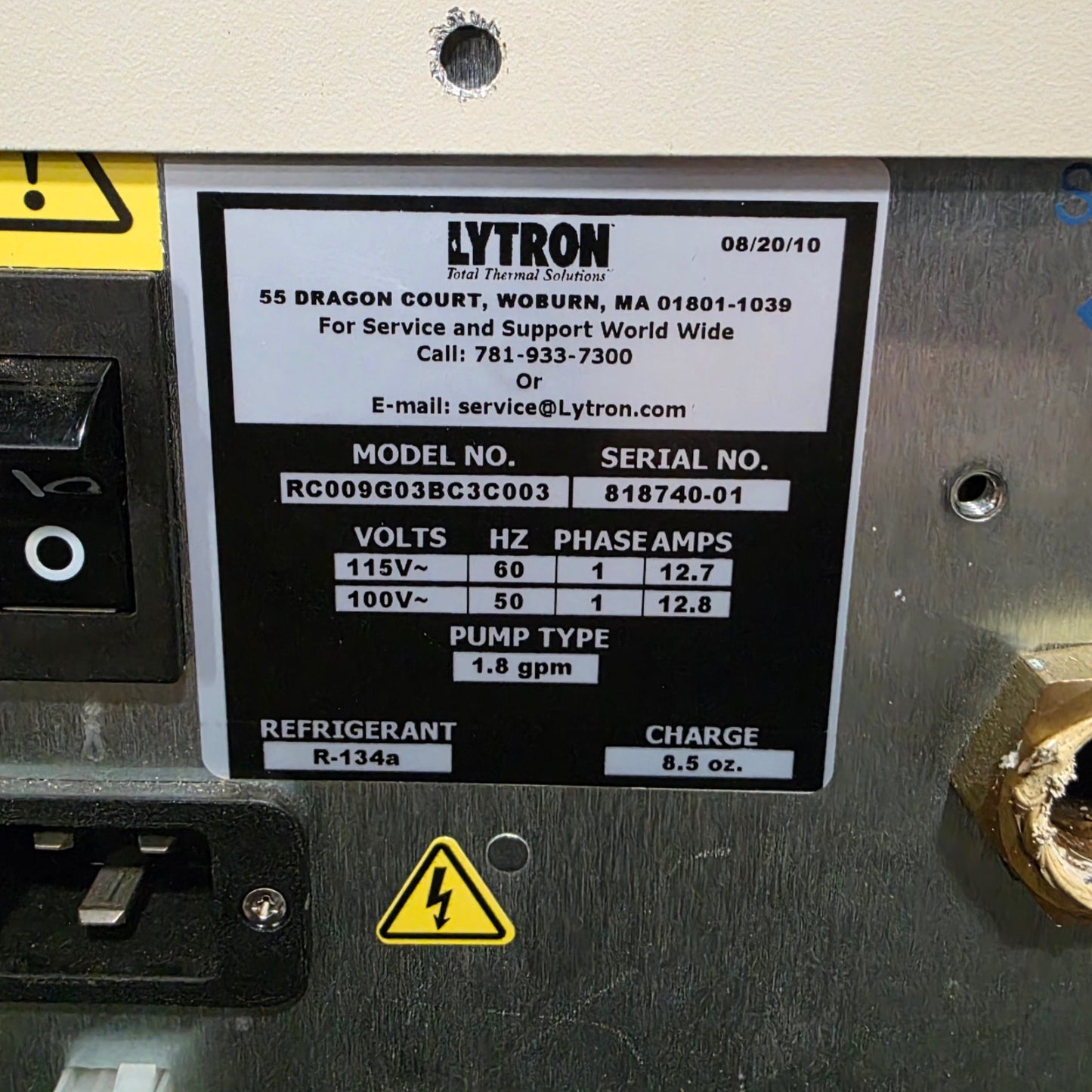 Used Lytron RC009G03BC3C003 Recirculating Chiller 1kW 1.8GPM 5°C To 35°C 115VAC 12.2A