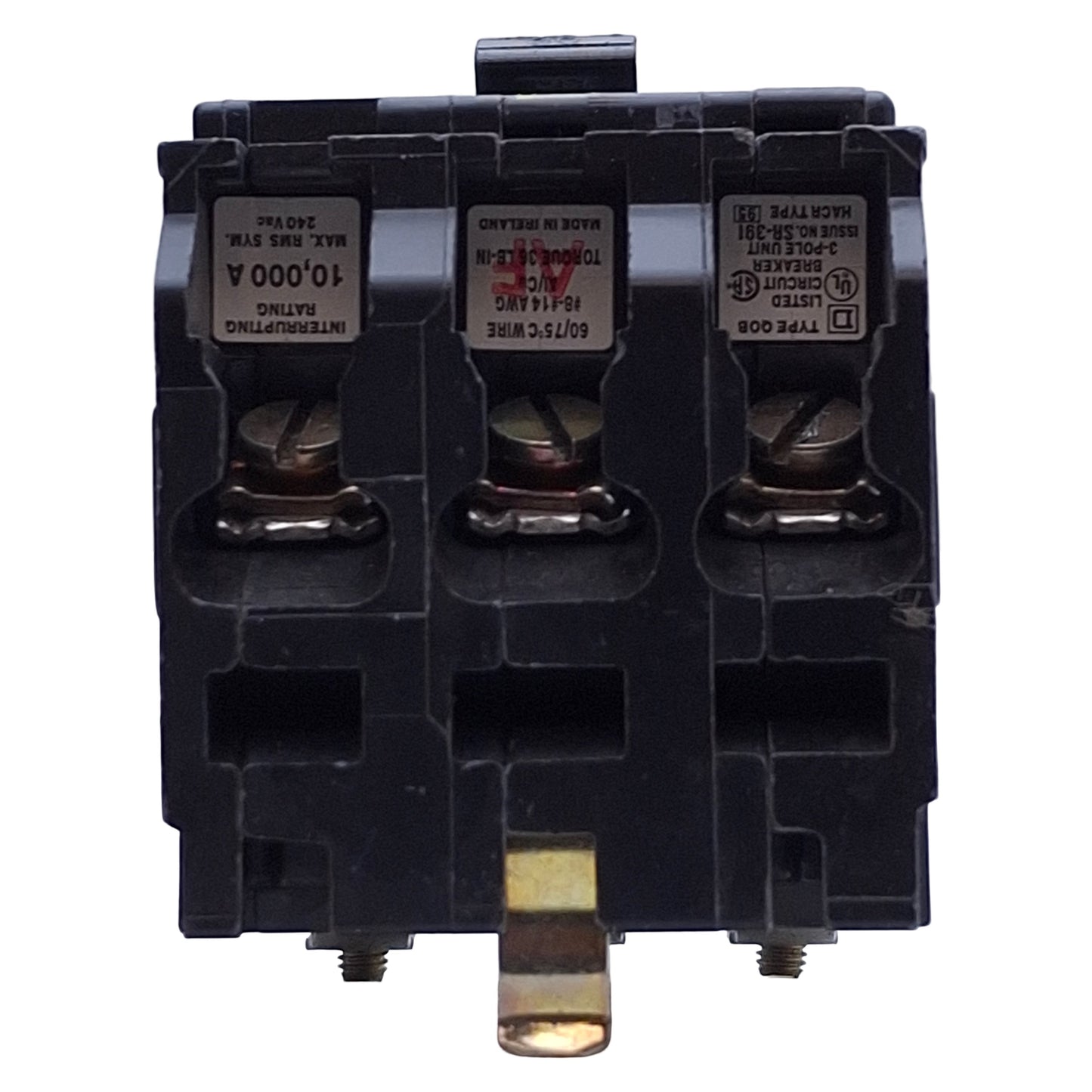 Used Square D QOB310 Bolt On Miniature Circuit Breaker 10A 3-Pole 120/240VAC 10kA