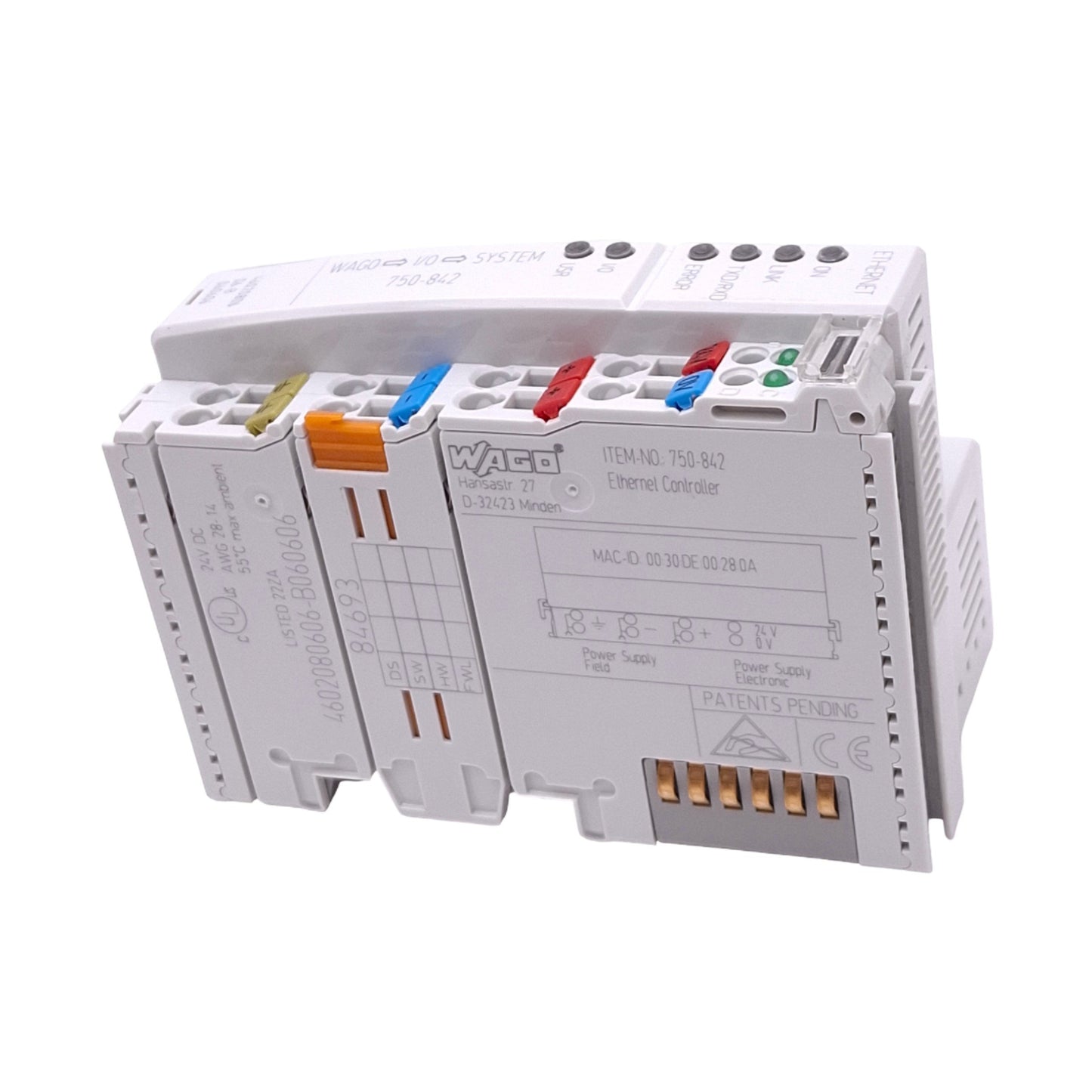 Used Wago 750-842 Ethernet Controller, 16-bit 128KB, RJ45 10/100Mbps, 24VDC, DIN Rail