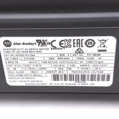Used Allen Bradley VPL-A0753C-PJ12AA Kinetix Servo Motor, 3300RPM, 240VAC, 0.59kW