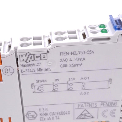 Used Wago 750-554 Analog Output Module, 2-Channel, 4-20mA Out, 24VDC, for WAGO I/O