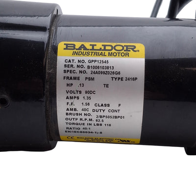 Used Baldor GPP12545 Gear Motor, 40:1, 63 RPM, 116in-lbs, 90VDC 1.3A, Frame: PSM