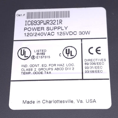 Used GE Fanuc IC693PWR321R Power Supply Module for 90-30PLC, 100-240VAC In, 24VDC Out