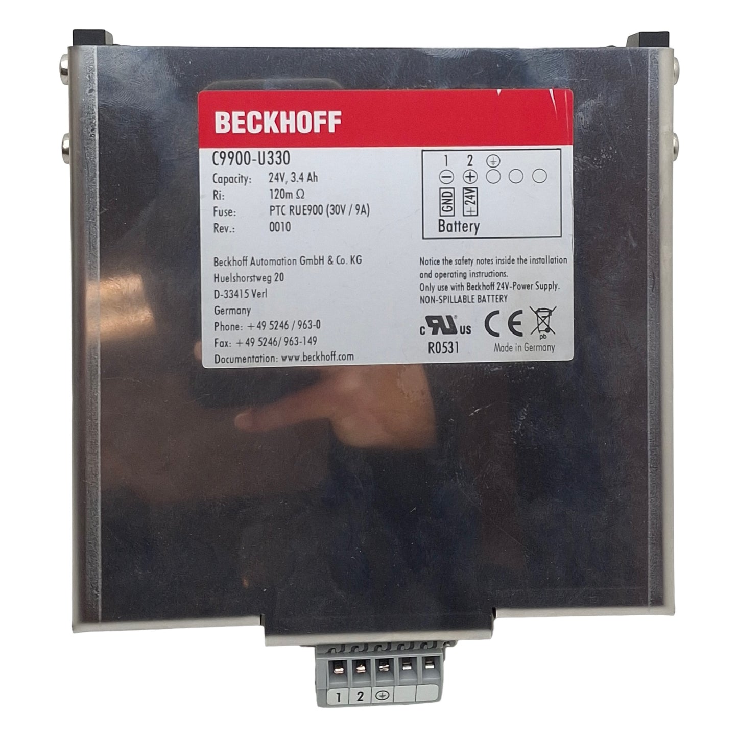 Used Beckhoff C9900-U330 Battery Pack, 24VDC, 3.4Ah, 30VDC 9A Fuse, 120mΩ, 0010Rev