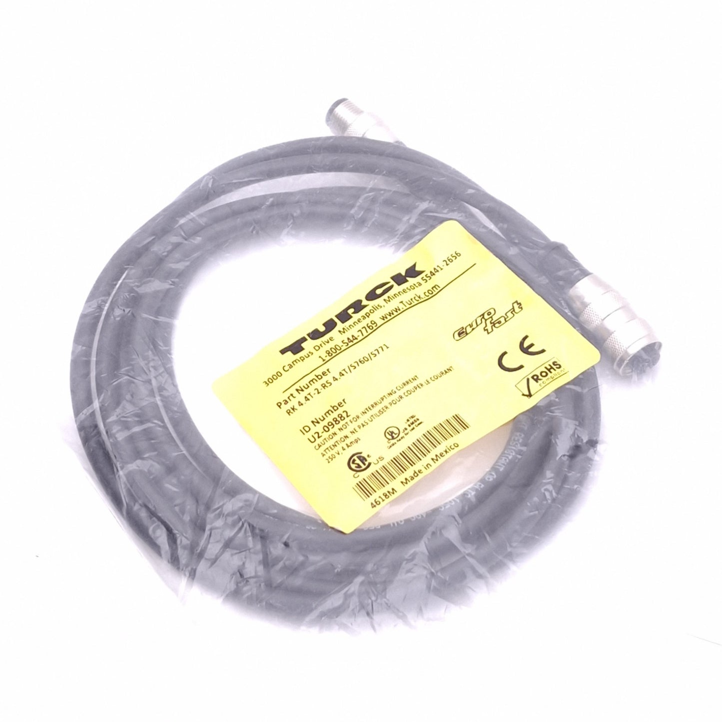 New Turck RK 4.4T-2-RS 4.4T/S760/S771 Eurofast Cordset, M12 4-Pin Male/Female, 2m