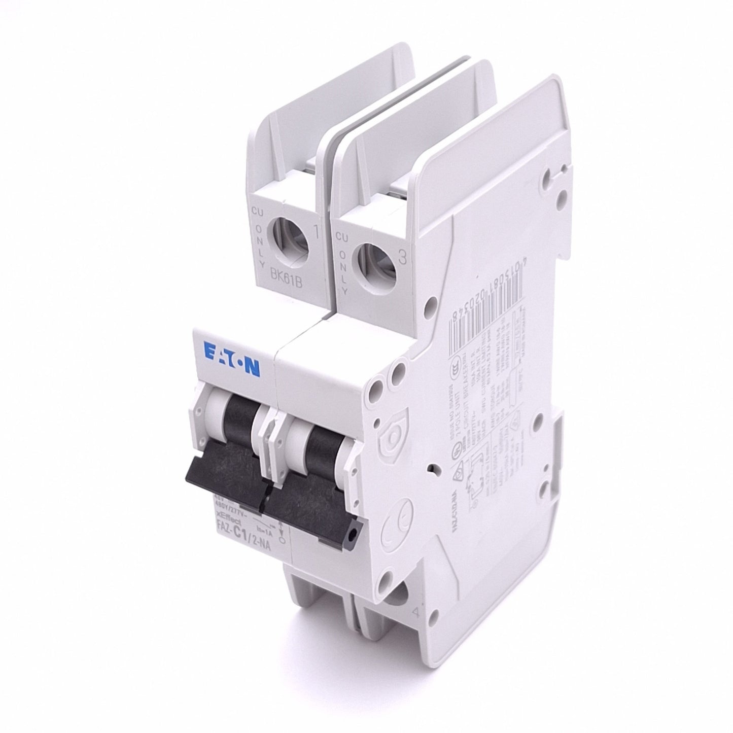 New – Open box Eaton FAZ-C1/2-NA Circuit Breaker, 2-Pole 1A, 480Y/277VAC 48VDC, DIN Rail
