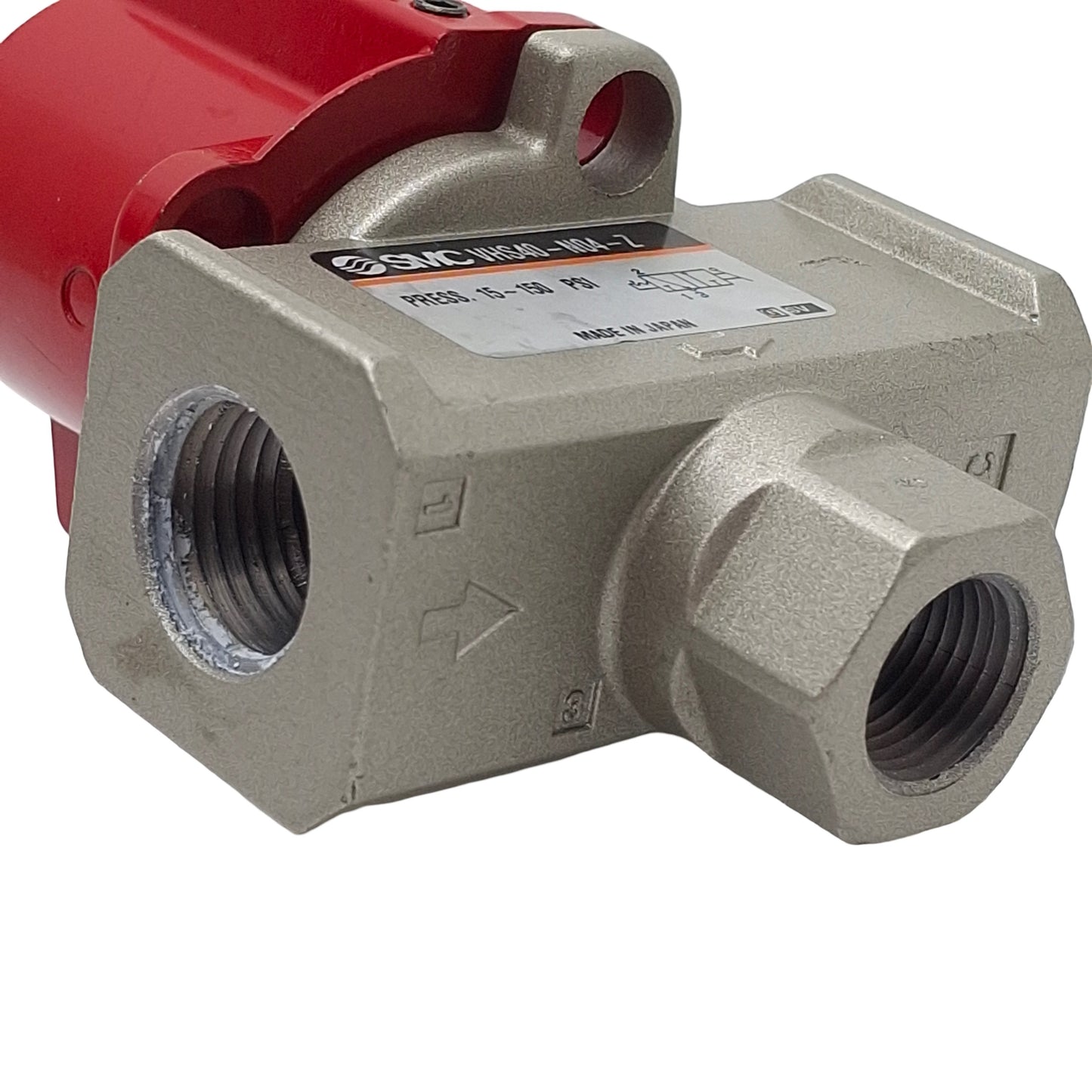 Used SMC VHS40-N04-Z Lockout Hand Valve, 3-Port, 1/2in NPT x 3/8in NPT, 15-150psi