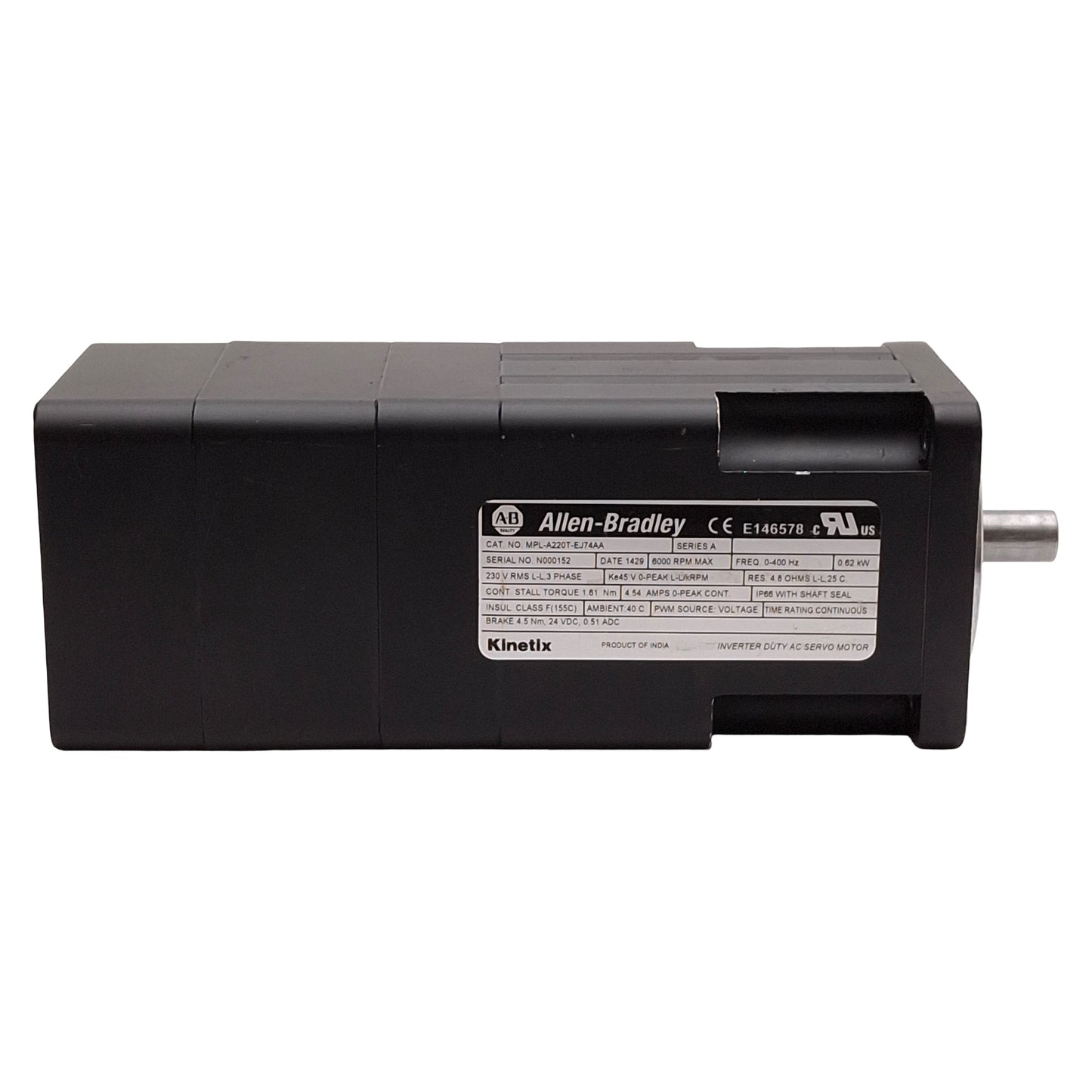 Used Allen Bradley MPL-A220T-EJ74AA Servo Motor, 0.62kW 3Ø 230VAC 1.61Nm, 70mm Flange
