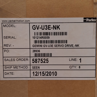 New Parker GV-U3E-NK Gemini Servo Motor Drive, 1-Axis, 170/340VDC 3A Bus, 120/240VAC