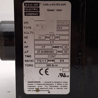 Used Bodine 34R6BFCI-WX4 AC Gearmotor, 172.1:1, 1/7HP, ø5/8in Shaft, 9.9rpm, 115VAC