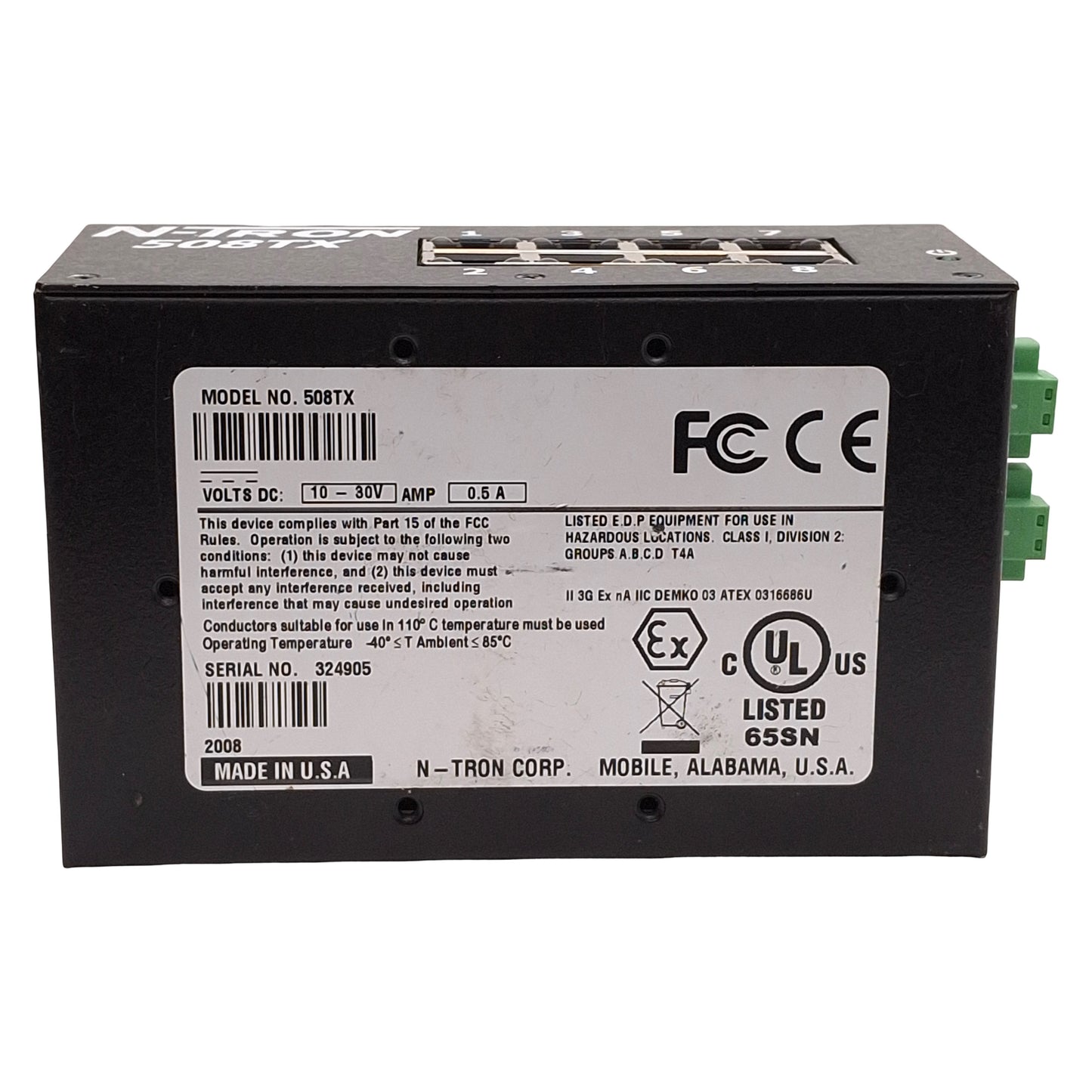 Used N-Tron 508TX Unmanaged Industrial Ethernet Switch, 8-Port, RJ45, 10-30VDC