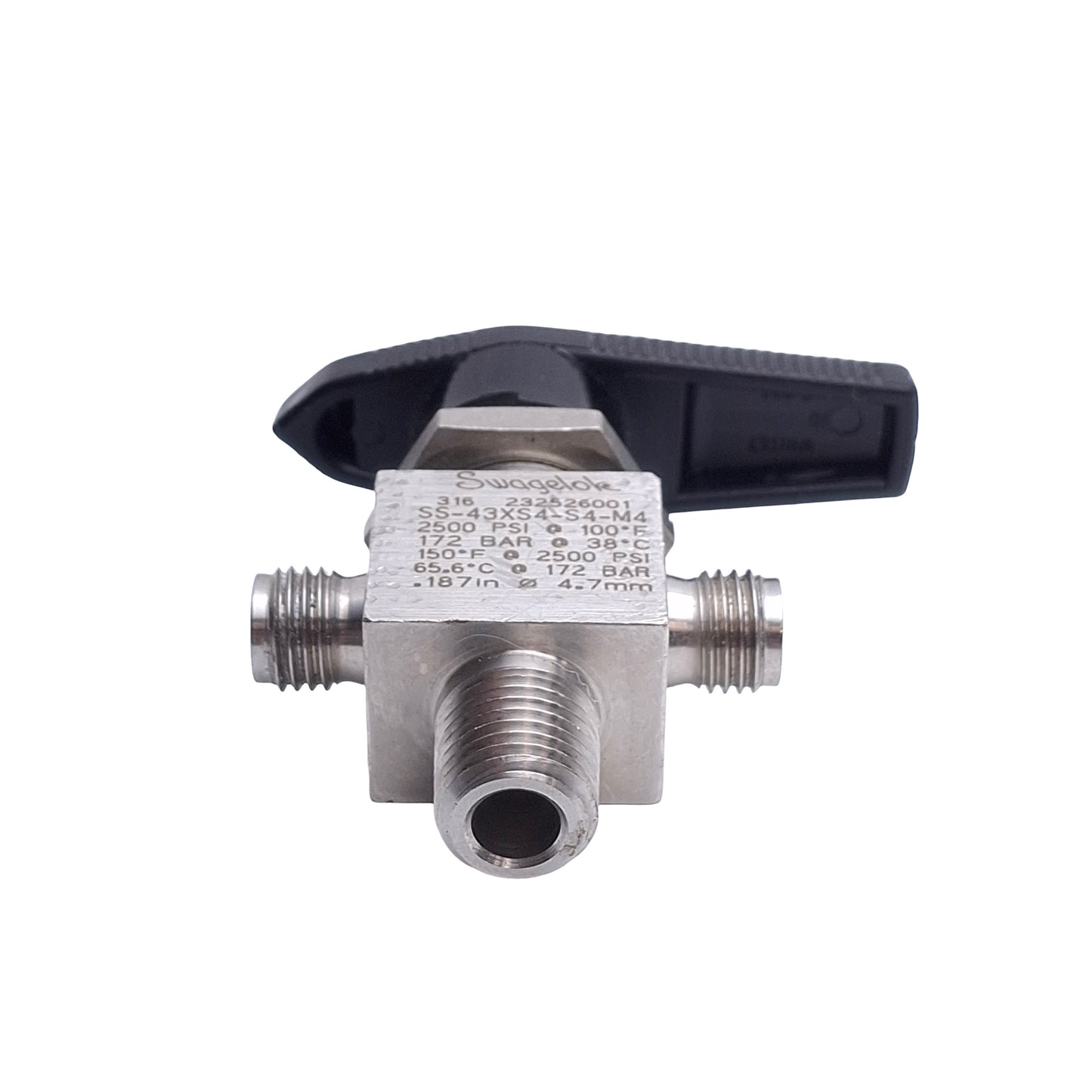 Used Swagelok SS-43XS4-S4-M4 Instrument Ball Valve, 3-Way, 1/4in Swagelok To NPT