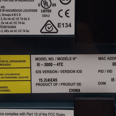 New – Open box Cisco IE-3000-4TC Industrial Ethernet Switch, Layer 2, 4x 10/100 Ports, 18-60VDC