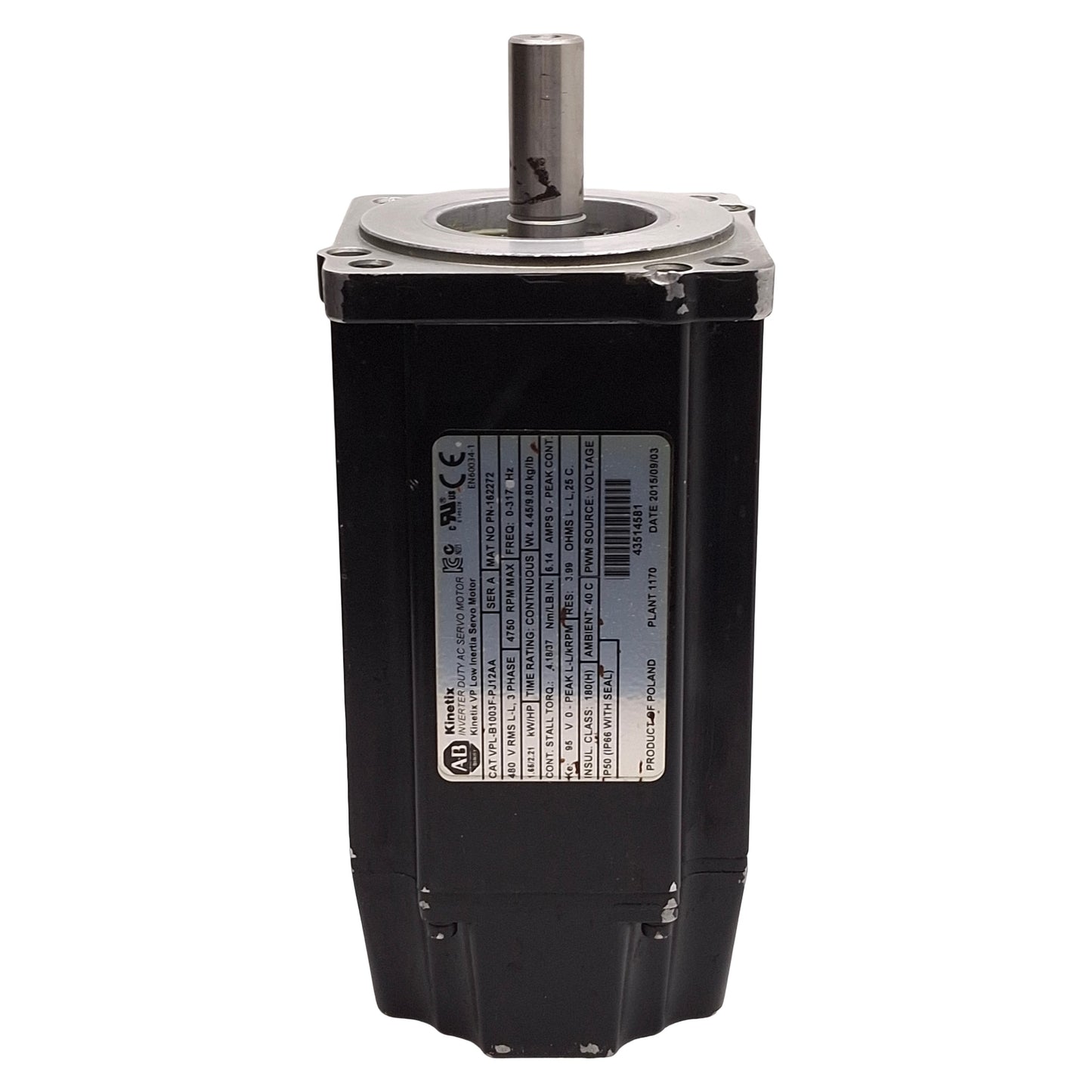 Used Allen Bradley VPL-B1003F-PJ12AA Kinetix Servo Motor, 1.65kW, 2.21HP, 3Ø 480VAC