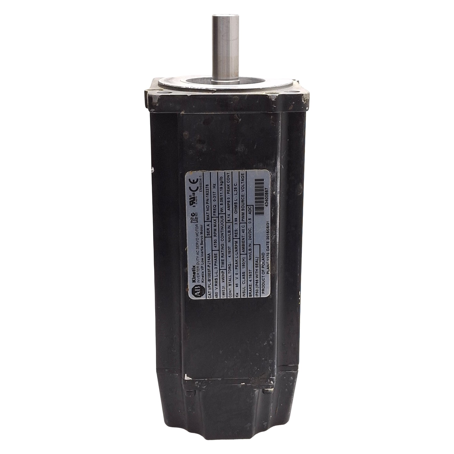 Used Allen Bradley VPL-B1003F-PJ14AA Servo Motor w/ Brake, 1.65kW, 2.21HP, 3Ø 480VAC