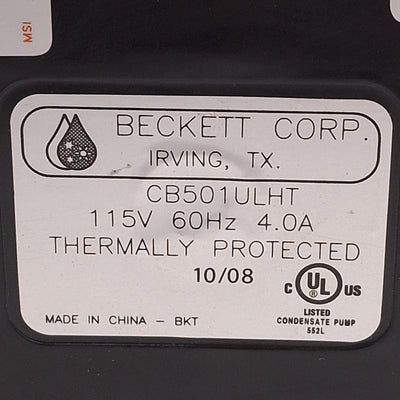 Used Beckett CB501ULHT Condensate Pump, 50ft Max Lift, 1-Gallon, 212°F, 115VAC 4.0A