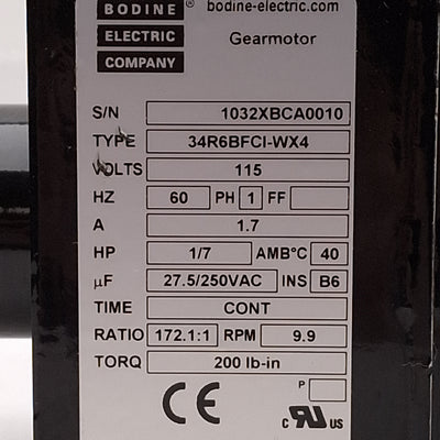 Used Bodine 34R6BFCI-WX4 AC Gearmotor, 1/7HP, 172.1:1, ø5/8in Shaft, 9.9rpm, 115VAC