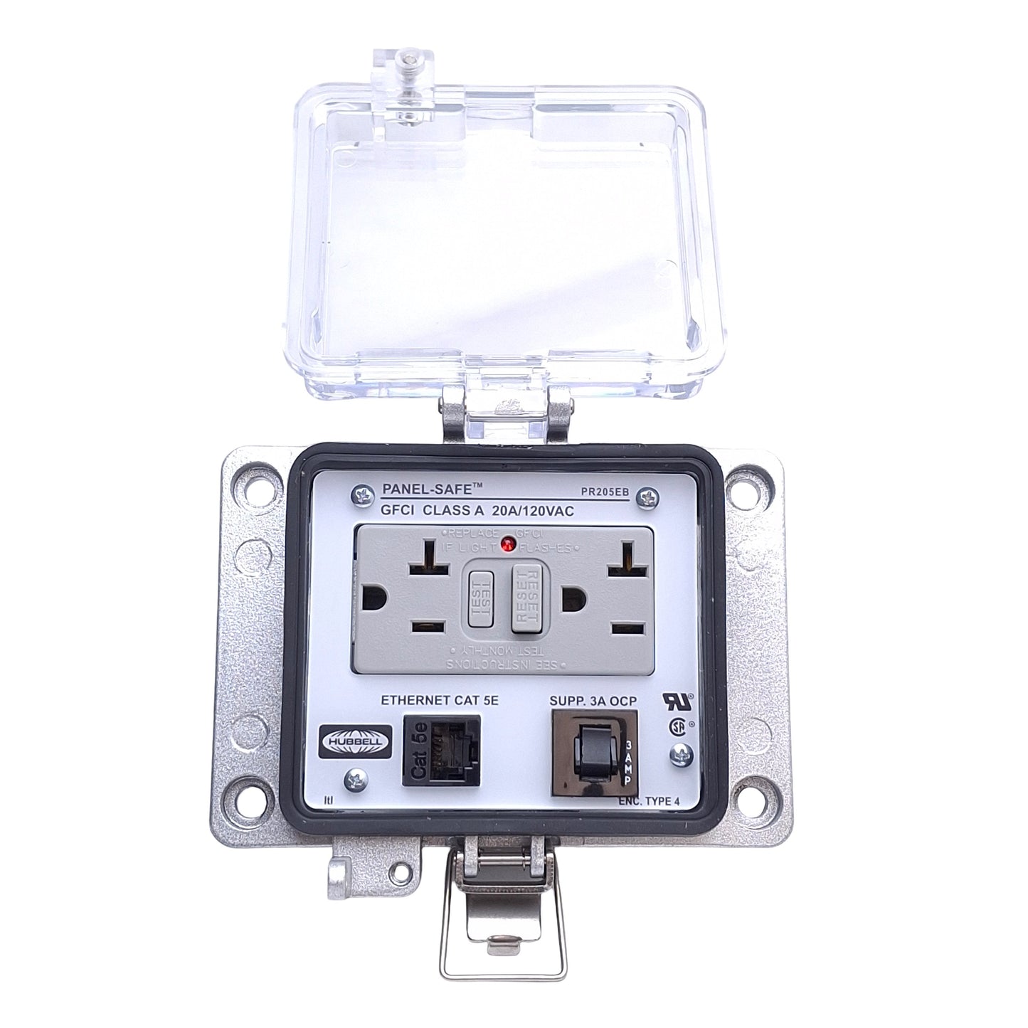 Used Hubbell PR205EB Power & Data Receptacle GFCI, 120VAC/20A Duplex, Ethernet