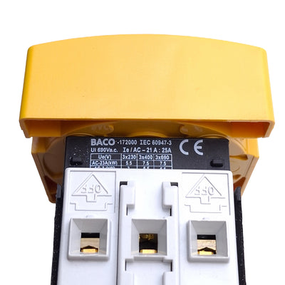 Used BACO 172000 ON-OFF Motor Disconnect Switch, 3-Pole, 600VAC 25A, *Crack*