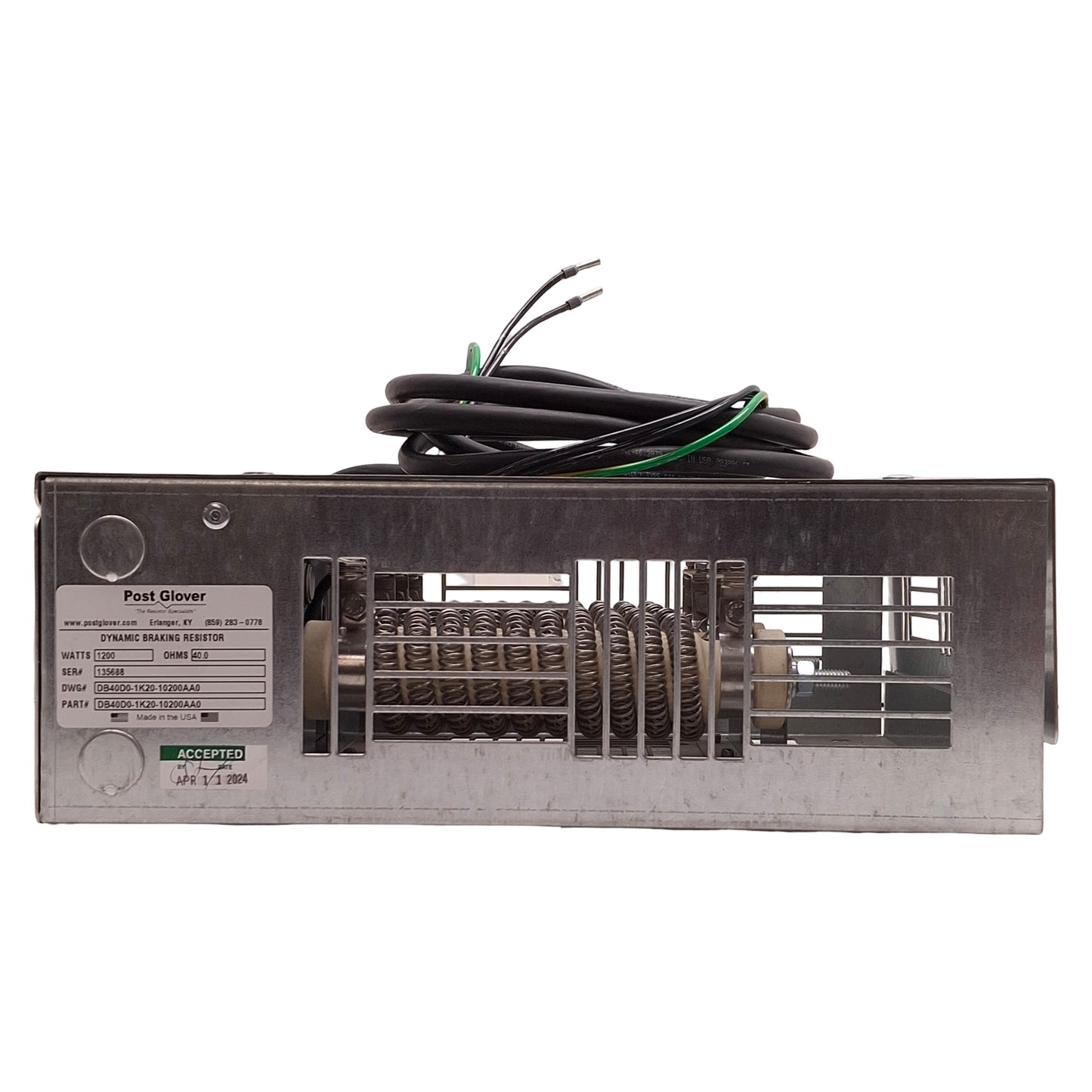 Used Post Glover DB40D0-1K20-10200AA0 Braking Resistor 40Ohms, 1 NC, 1200W, 11ft