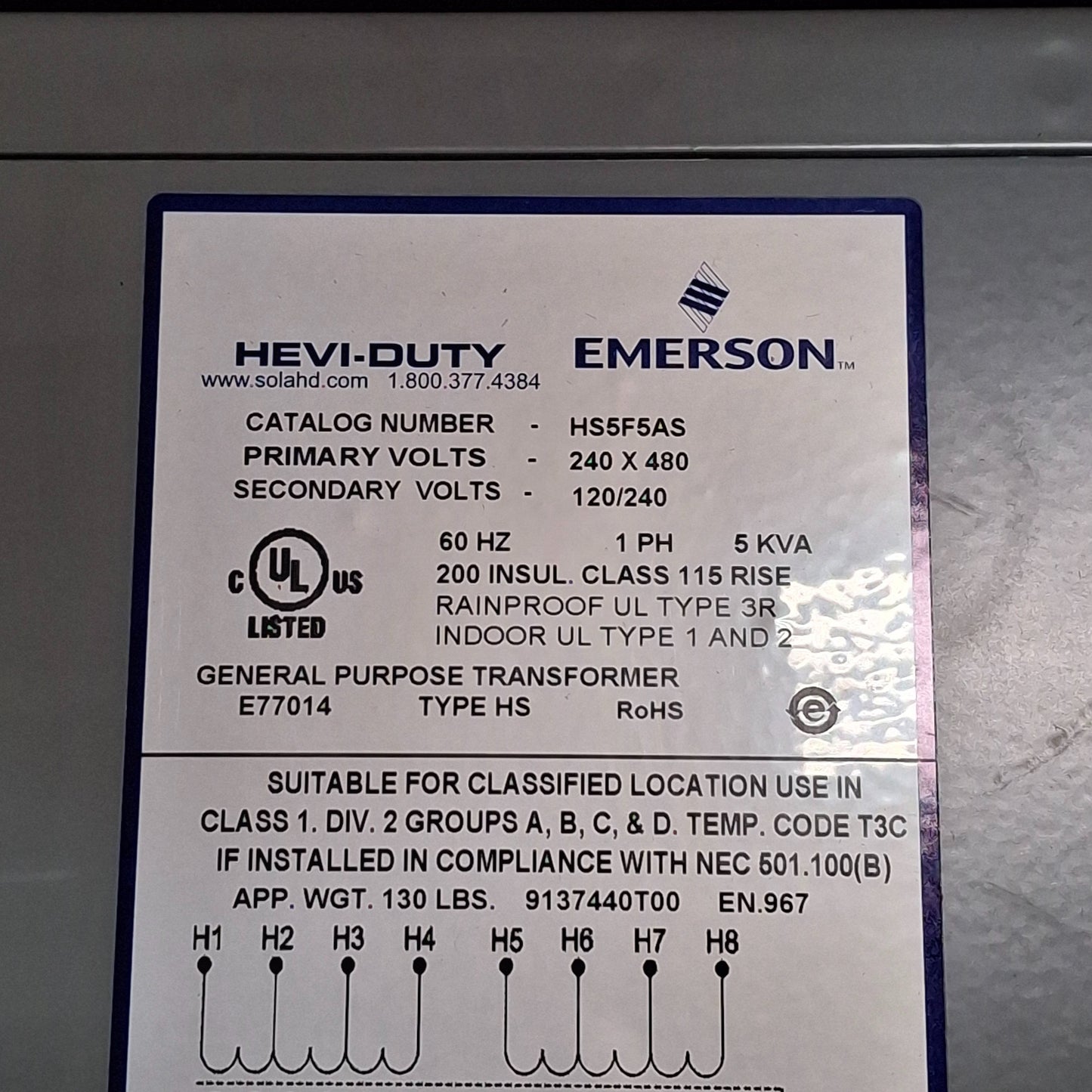 New Emerson HS5F5AS Hevi Duty Transformer 240x480V Primary, 120/240V Secondary, 5kVA