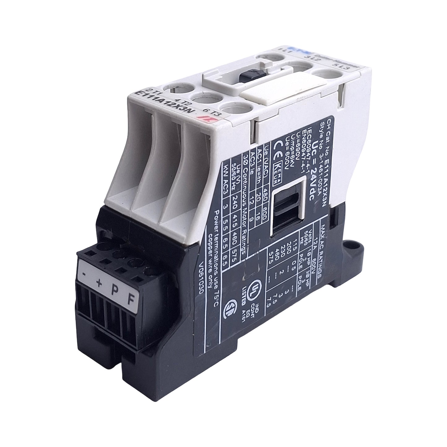 Used Eaton Cutler Hammer E111A12X3N Motor Control Contactor 12A 600VAC, 24VDC Coil