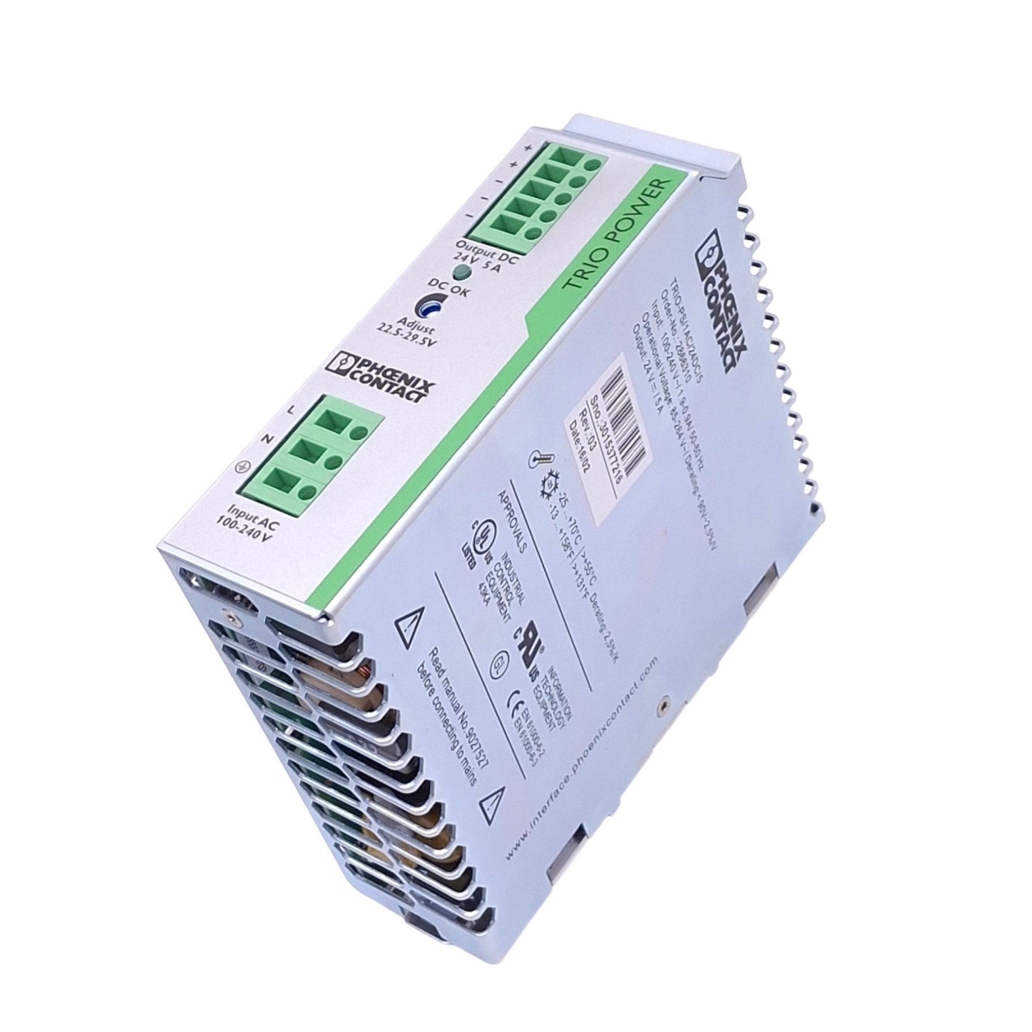 Used Phoenix Contact 2866310 TRIO-PS/1AC-24DC/5 Power Supply, 24VDC 5A Out, 120W Max