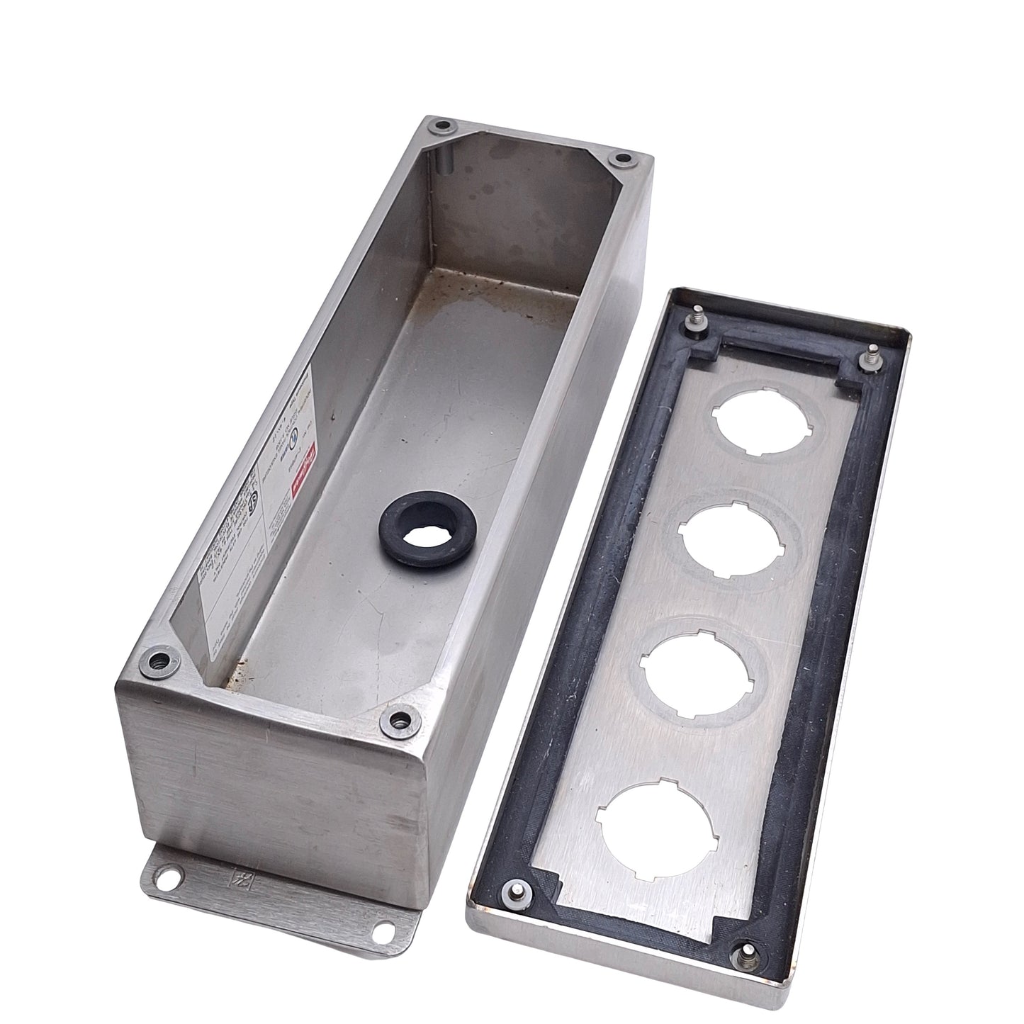 Used nVent Hoffman E-4PBSS 4-Hole Pushbutton Enclosure 30.5mm PB, 304 Stainless Steel