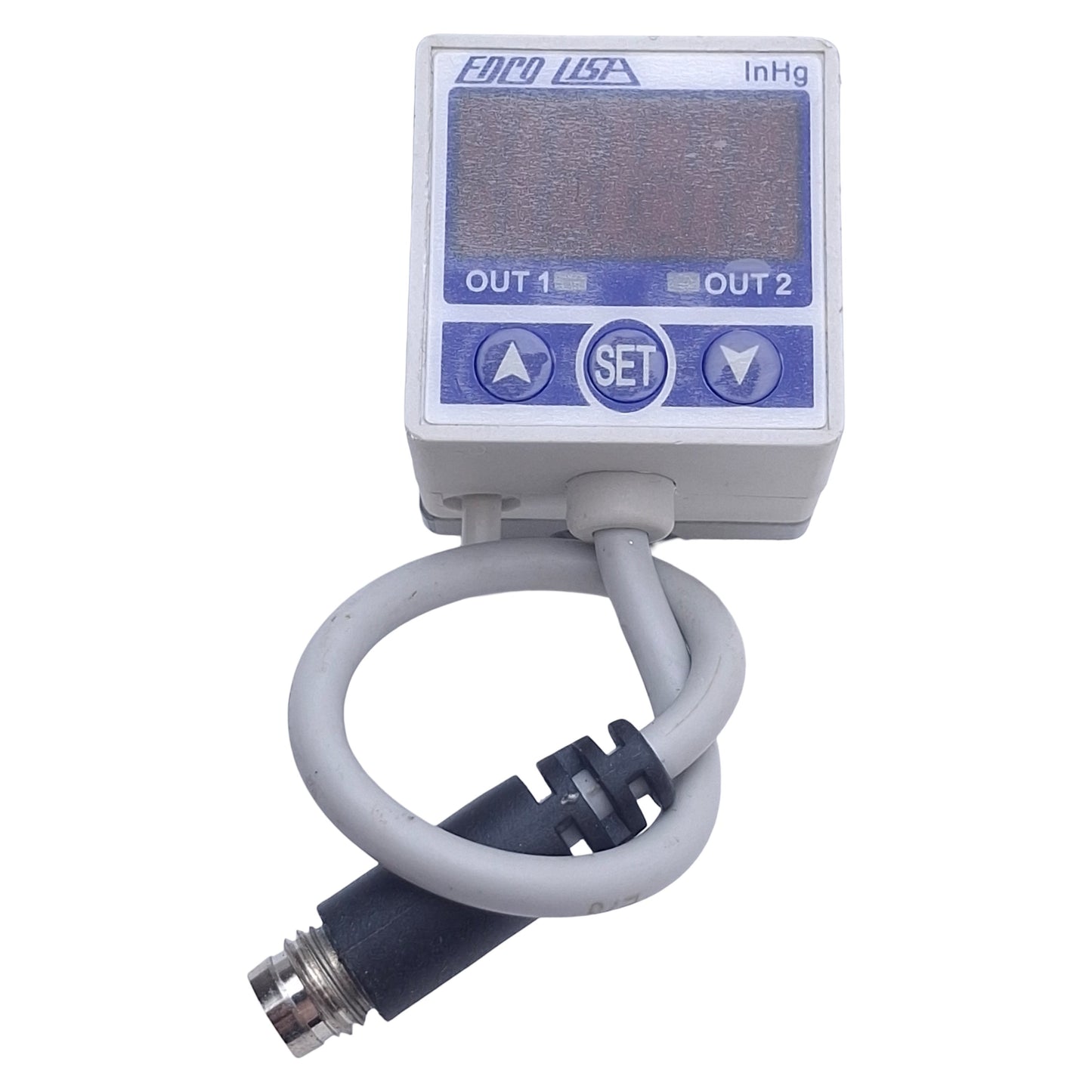 Used EDCO USA DVP-200 Digital Vacuum Sensor NPN, 0-29.5inHg, 12-24VDC, 4-Pin Male