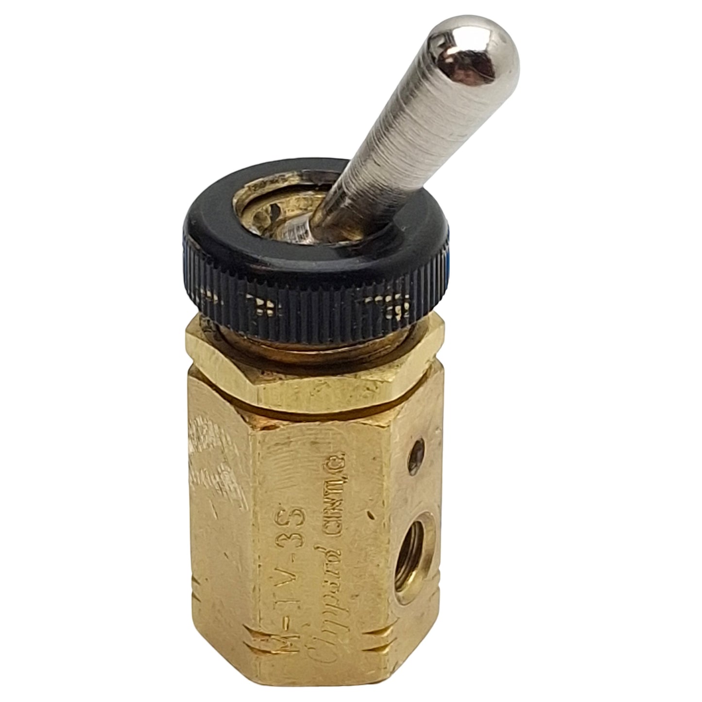 Used Clippard M-TV-3S Brass Toggle Valve, 3-Way NC, #10-32, 10bar Max, 125L/min, M12