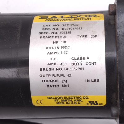 Used Baldor GPP12547 DC Gearmotor, 60:1, 90VDC 1.32A, 42rpm 1/8hp 174in-lbs Max