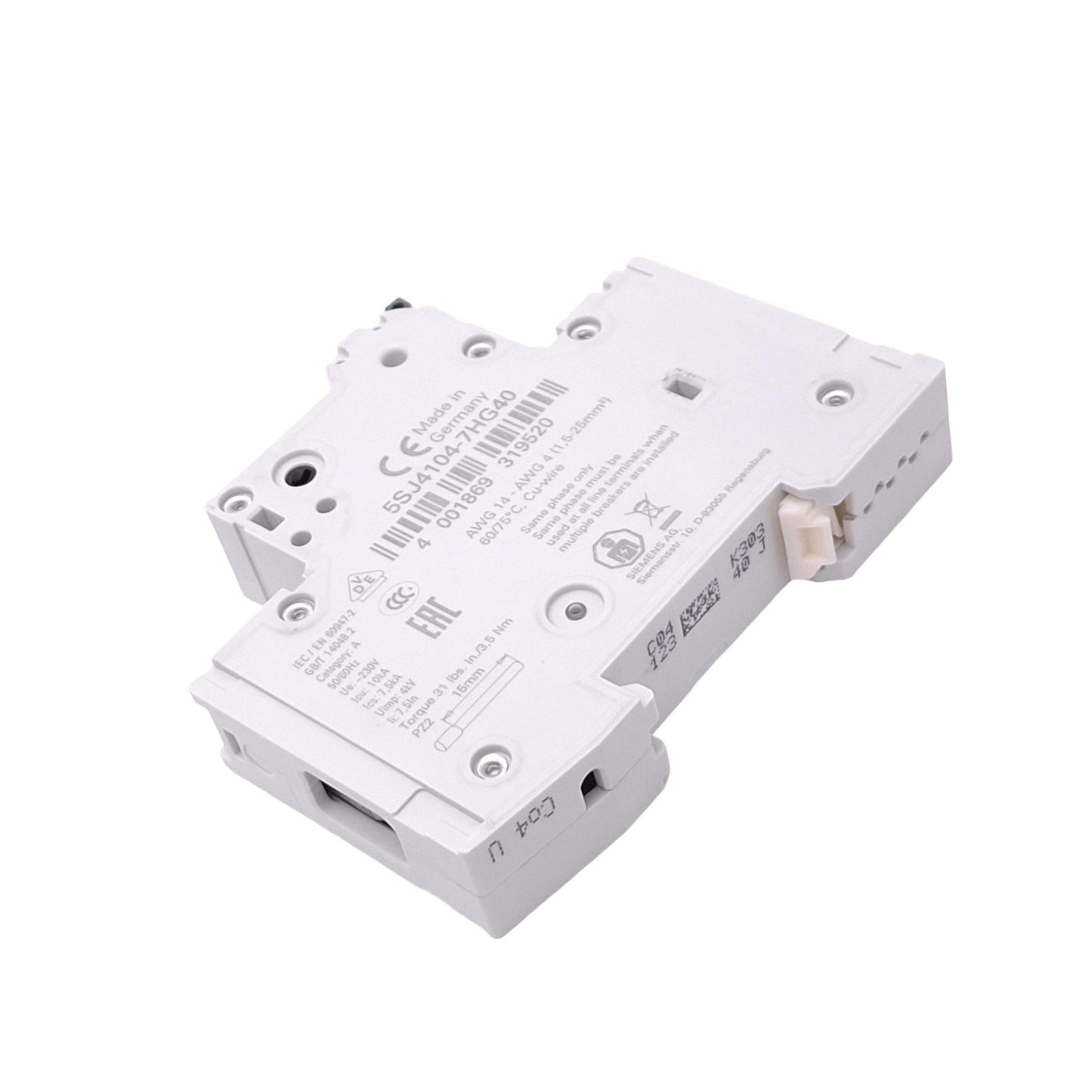 New Siemens 5SJ4104-7HG40 Circuit Breaker, 1-Pole 4A, 240VAC/60VDC Max, DIN Rail