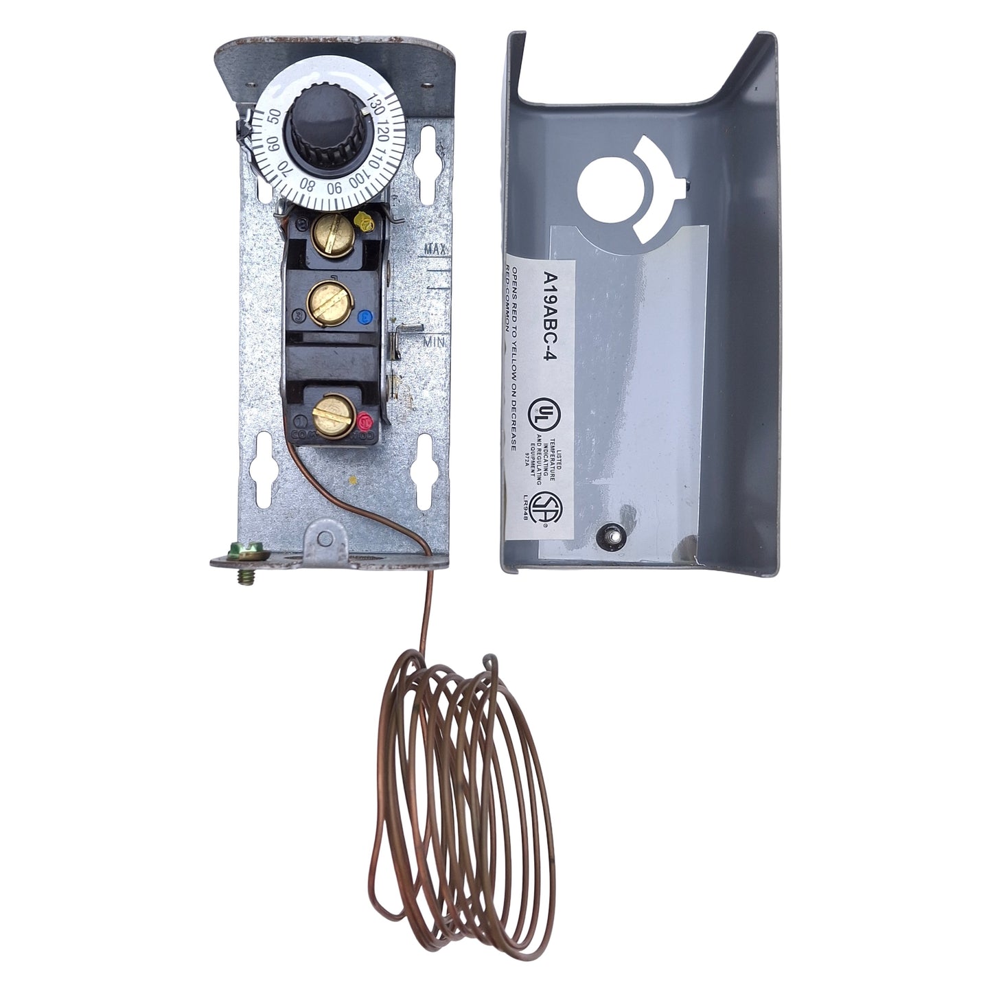 Used Johnson Controls A19ABC-4 Temperature Controller 50°F-130°F, SPDT, 120-240VAC